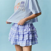 Gingham Elastic Waist Lace Trim Ruffle Layered Skort
